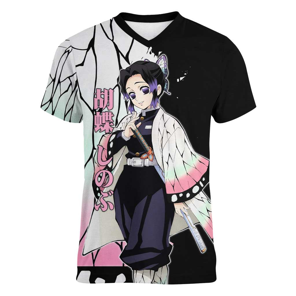 Shinobu Kocho from Demon Slayer Women V-Neck T-Shirt with Black and White Wing Pattern and Pastel Manga Panel Design - The Mazicc