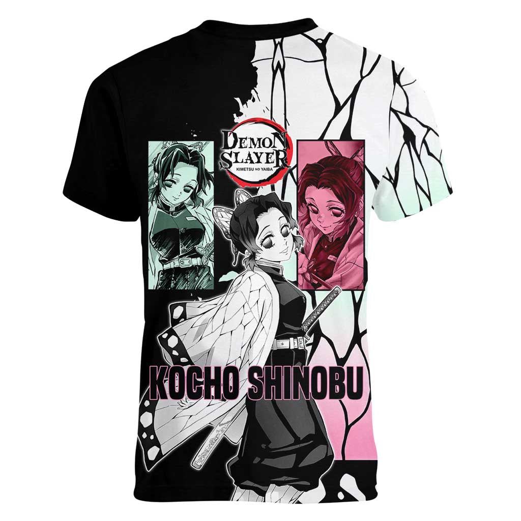 Shinobu Kocho from Demon Slayer Women V-Neck T-Shirt with Black and White Wing Pattern and Pastel Manga Panel Design - The Mazicc