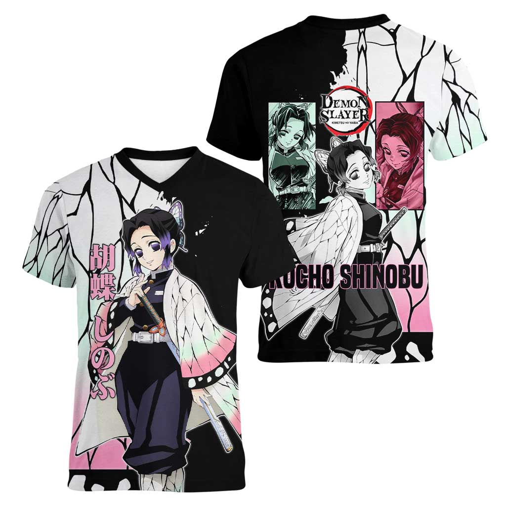 Shinobu Kocho from Demon Slayer Women V-Neck T-Shirt with Black and White Wing Pattern and Pastel Manga Panel Design - The Mazicc
