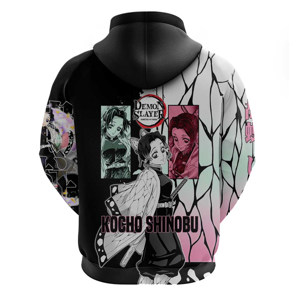 Shinobu Kocho from Demon Slayer Zip Hoodie with Black and White Wing Pattern and Pastel Manga Panel Design - The Mazicc
