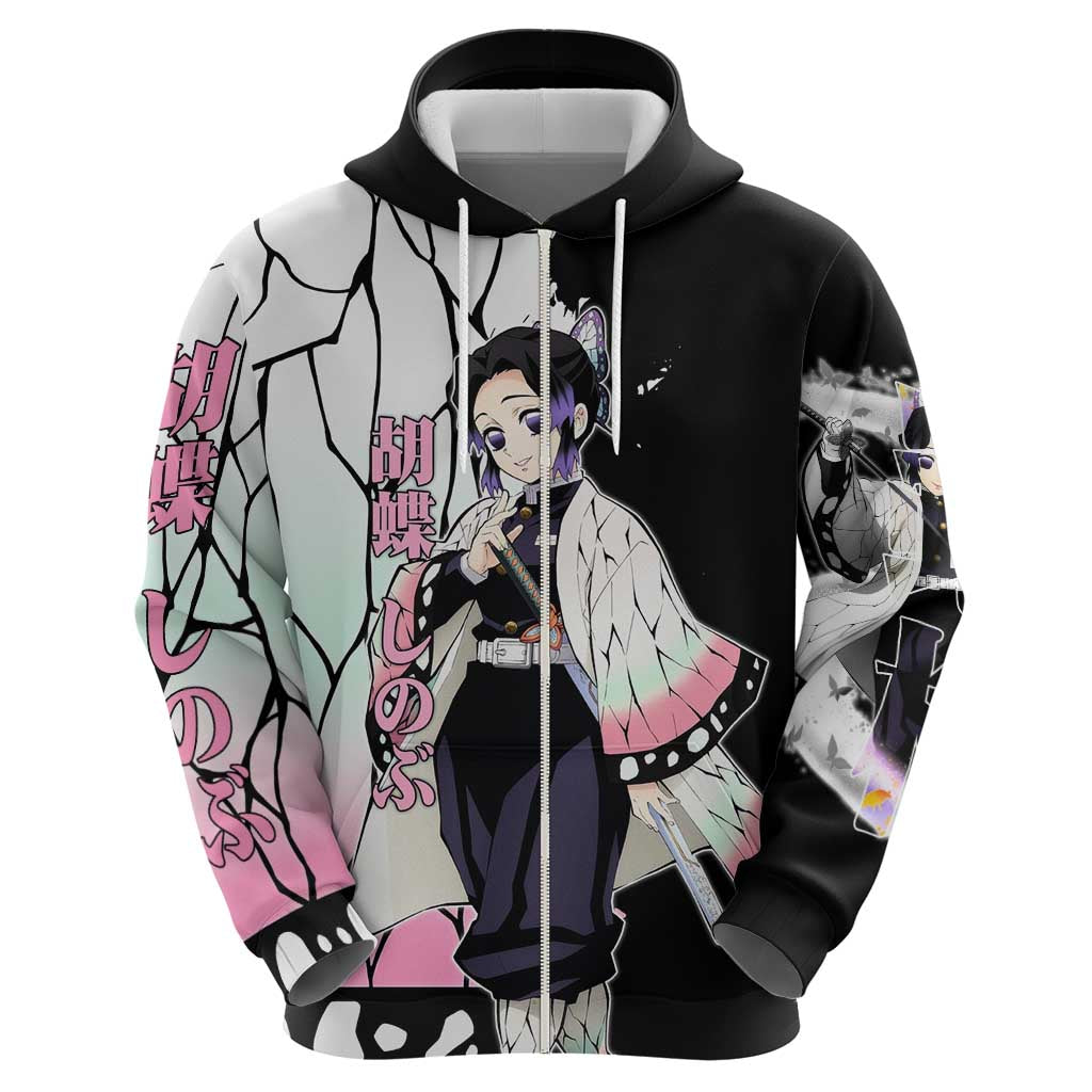 Shinobu Kocho from Demon Slayer Zip Hoodie with Black and White Wing Pattern and Pastel Manga Panel Design - The Mazicc