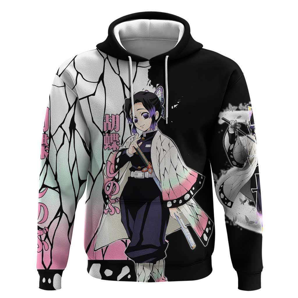Shinobu Kocho from Demon Slayer Zip Hoodie with Black and White Wing Pattern and Pastel Manga Panel Design - The Mazicc