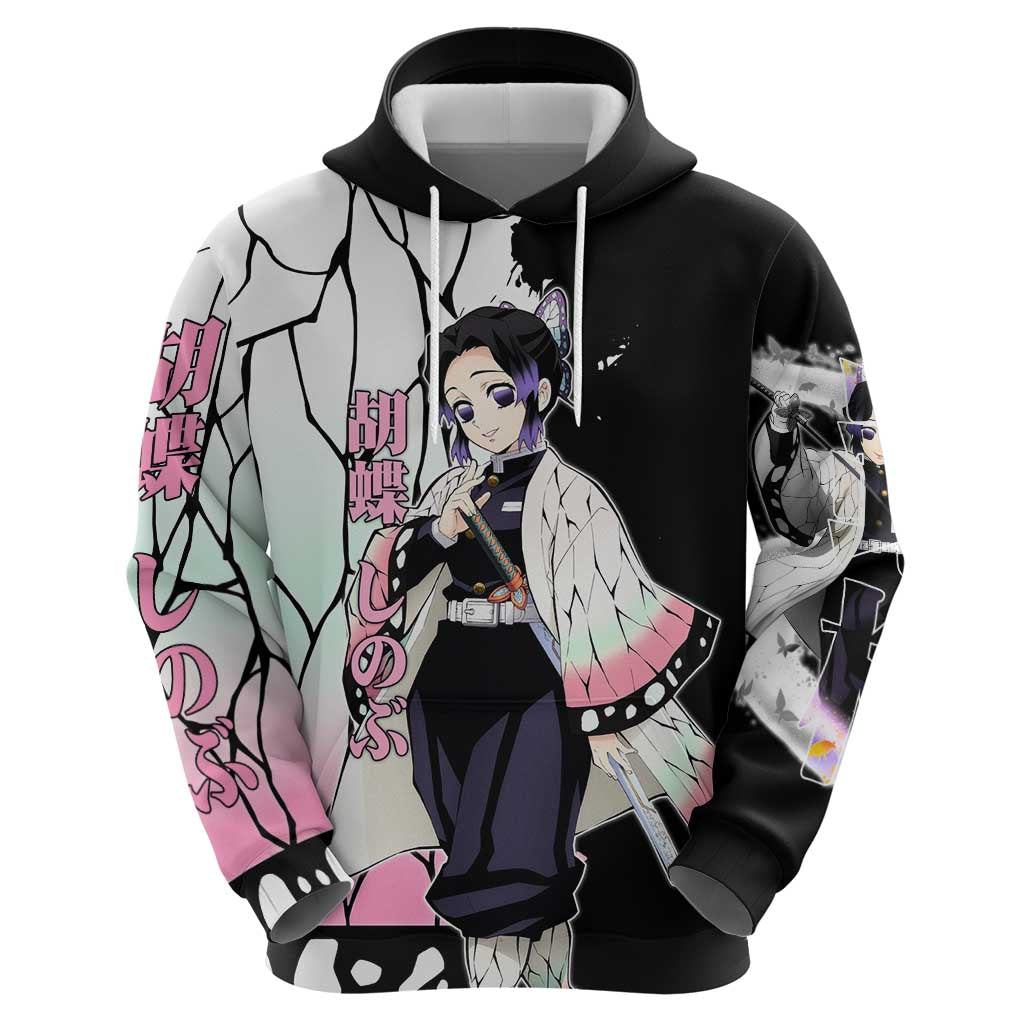 Shinobu Kocho from Demon Slayer Zip Hoodie with Black and White Wing Pattern and Pastel Manga Panel Design - The Mazicc