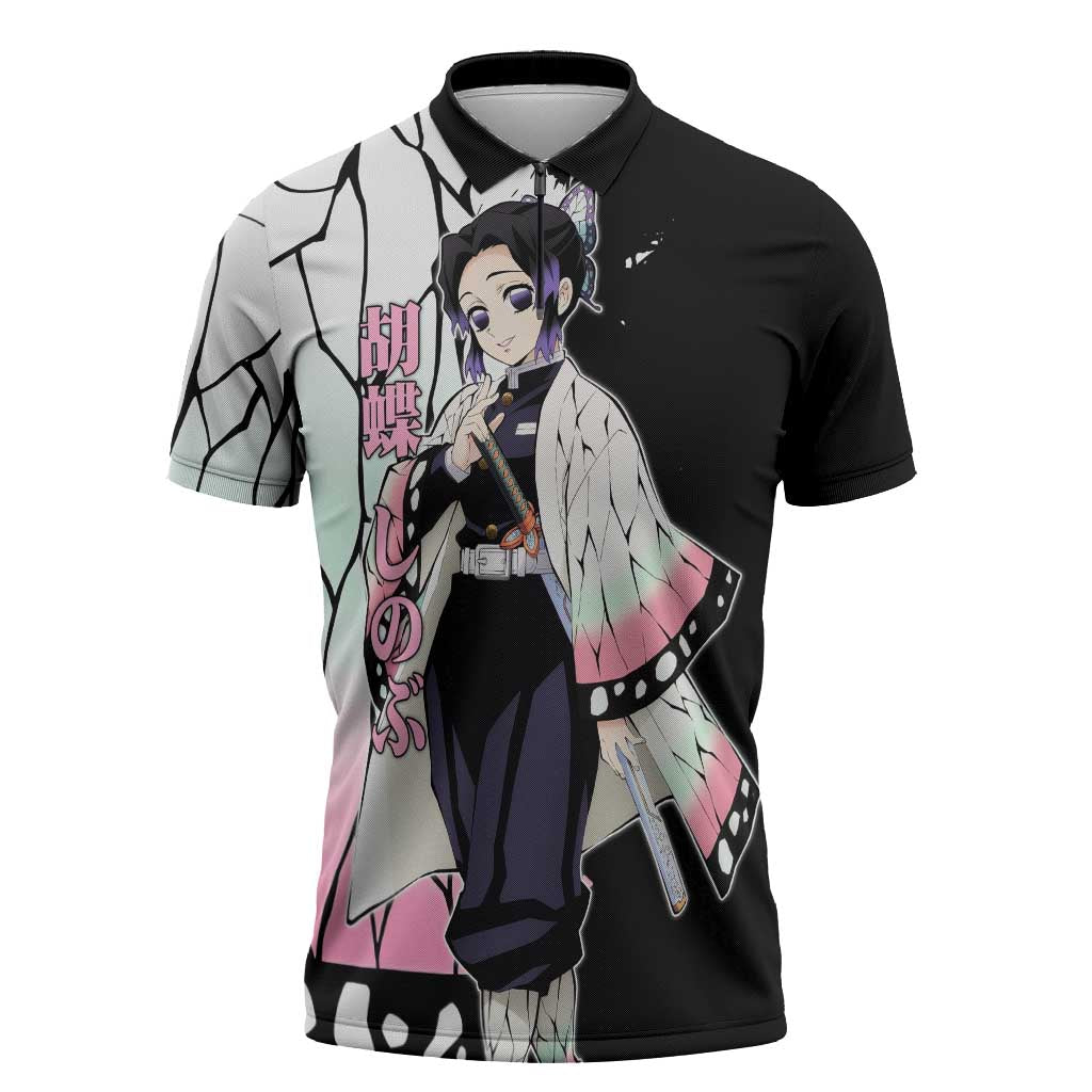 Shinobu Kocho from Demon Slayer Zipper Polo Shirt with Black and White Wing Pattern and Pastel Manga Panel Design - The Mazicc