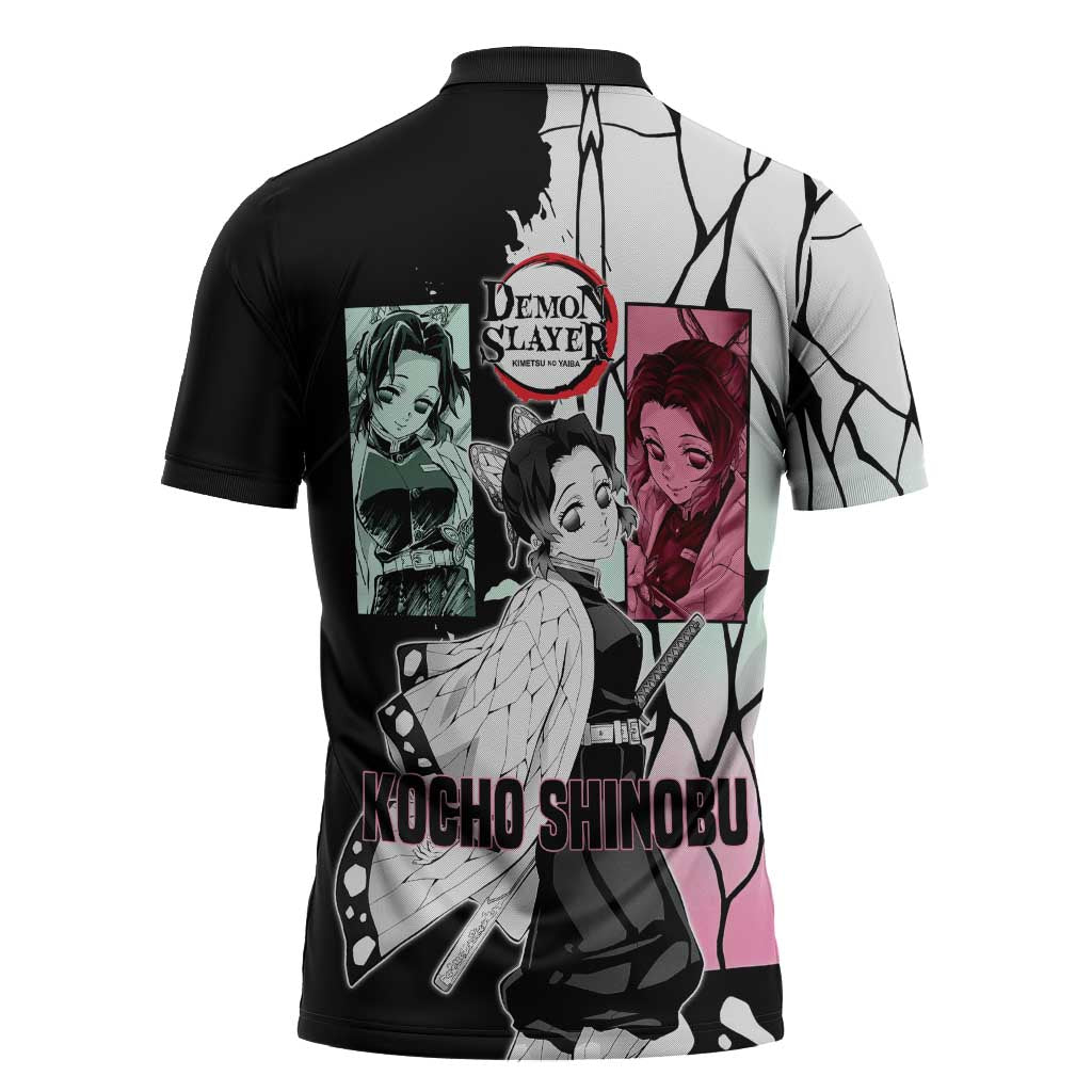 Shinobu Kocho from Demon Slayer Zipper Polo Shirt with Black and White Wing Pattern and Pastel Manga Panel Design - The Mazicc