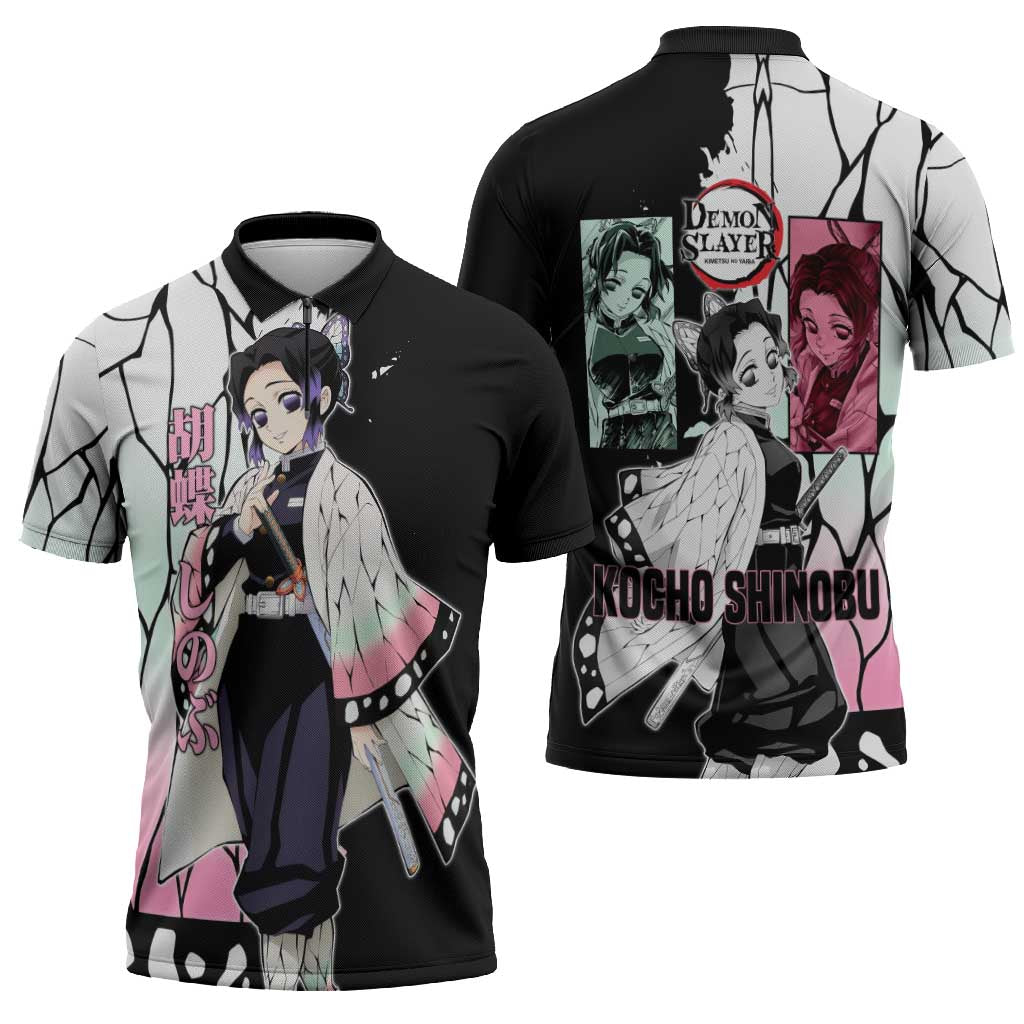 Shinobu Kocho from Demon Slayer Zipper Polo Shirt with Black and White Wing Pattern and Pastel Manga Panel Design - The Mazicc