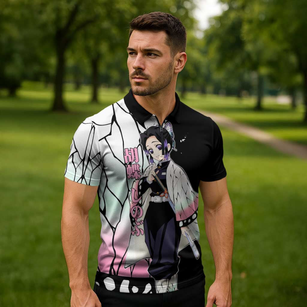 Shinobu Kocho from Demon Slayer Zipper Polo Shirt with Black and White Wing Pattern and Pastel Manga Panel Design - The Mazicc