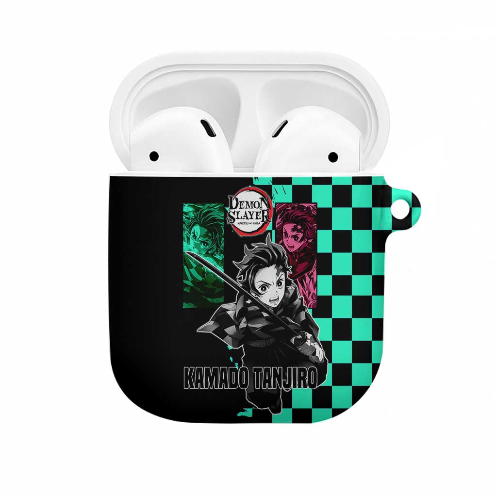 Tanjiro Kamado from Demon Slayer AirPods Case with Green Black Checkered Pattern and Water Breathing Sword Pose Design - The Mazicc