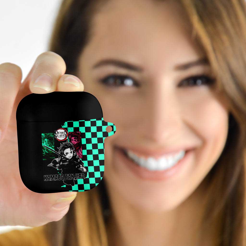 Tanjiro Kamado from Demon Slayer AirPods Case with Green Black Checkered Pattern and Water Breathing Sword Pose Design - The Mazicc