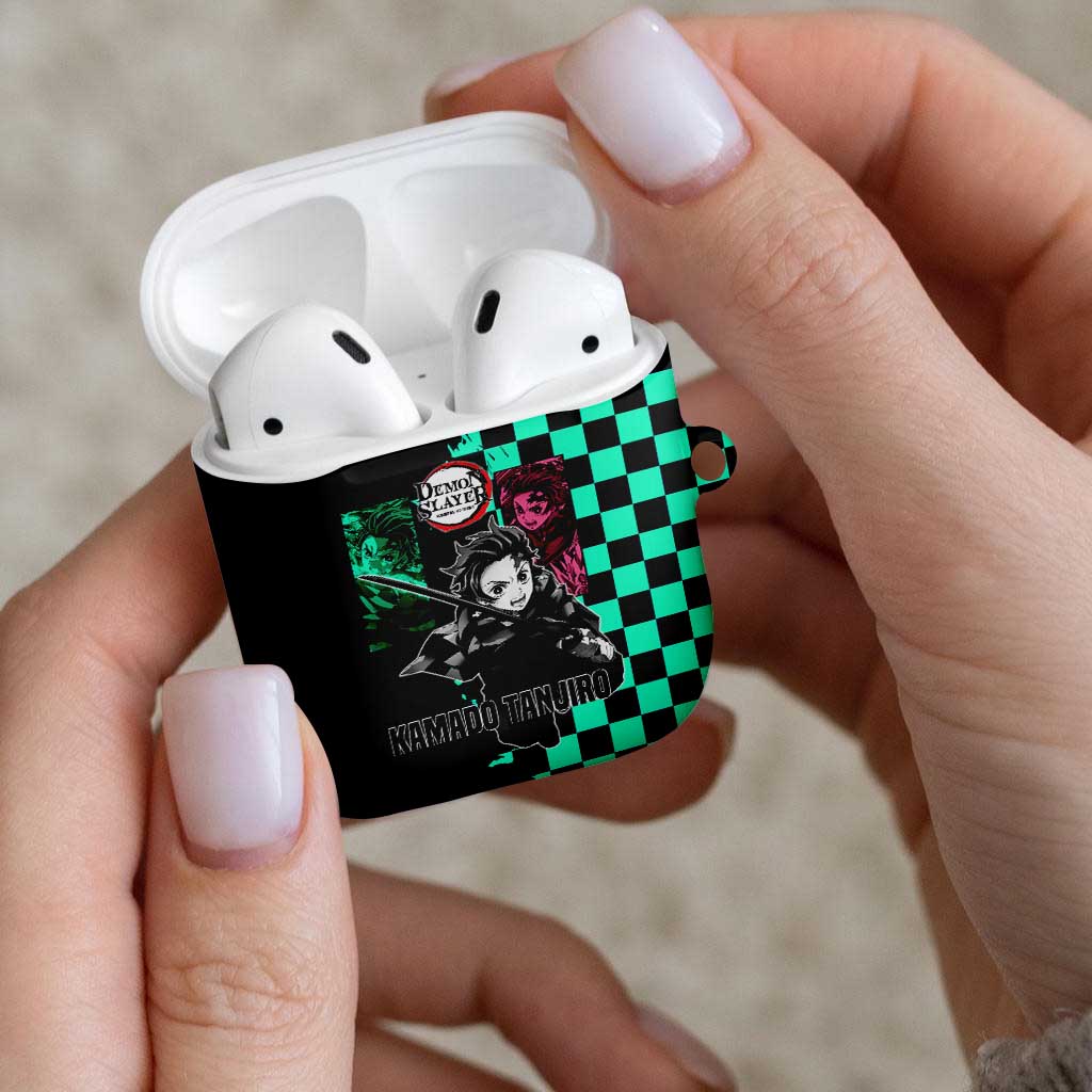 Tanjiro Kamado from Demon Slayer AirPods Case with Green Black Checkered Pattern and Water Breathing Sword Pose Design - The Mazicc