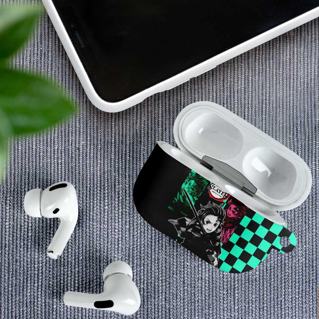 Tanjiro Kamado from Demon Slayer AirPods Case with Green Black Checkered Pattern and Water Breathing Sword Pose Design - The Mazicc