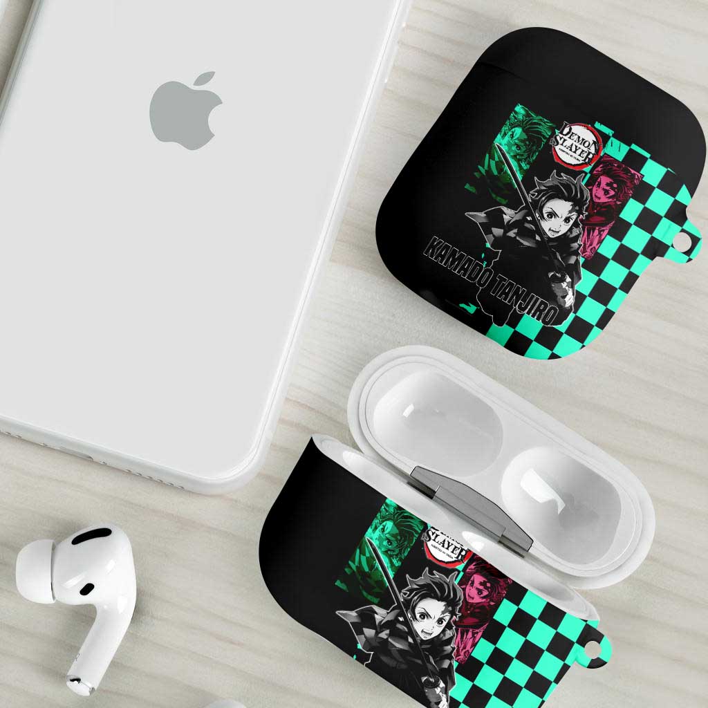 Tanjiro Kamado from Demon Slayer AirPods Case with Green Black Checkered Pattern and Water Breathing Sword Pose Design - The Mazicc