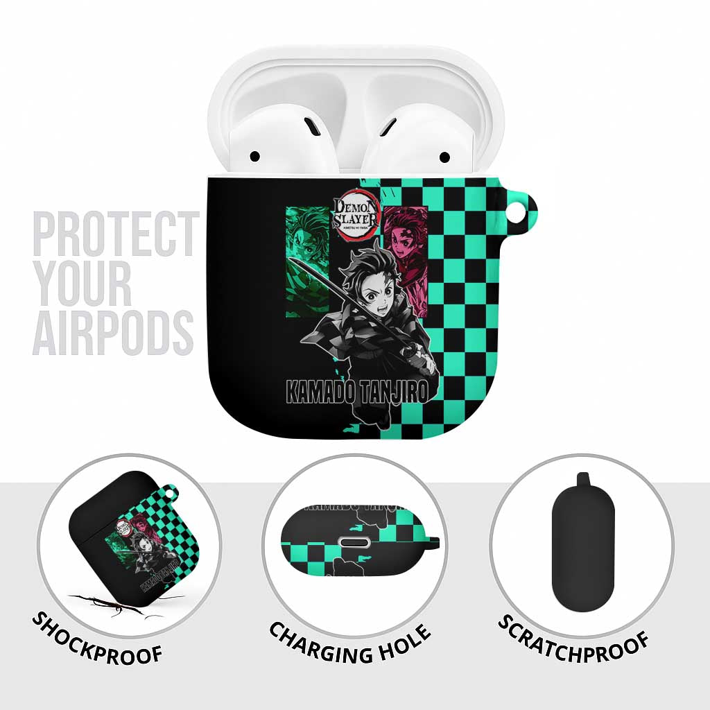 Tanjiro Kamado from Demon Slayer AirPods Case with Green Black Checkered Pattern and Water Breathing Sword Pose Design - The Mazicc