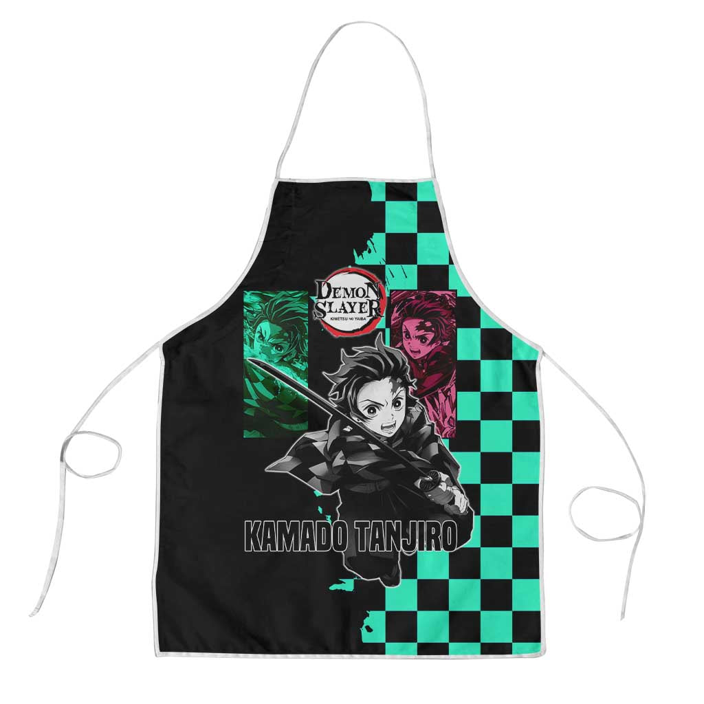 Tanjiro Kamado from Demon Slayer Apron with Green Black Checkered Pattern and Water Breathing Sword Pose Design - The Mazicc
