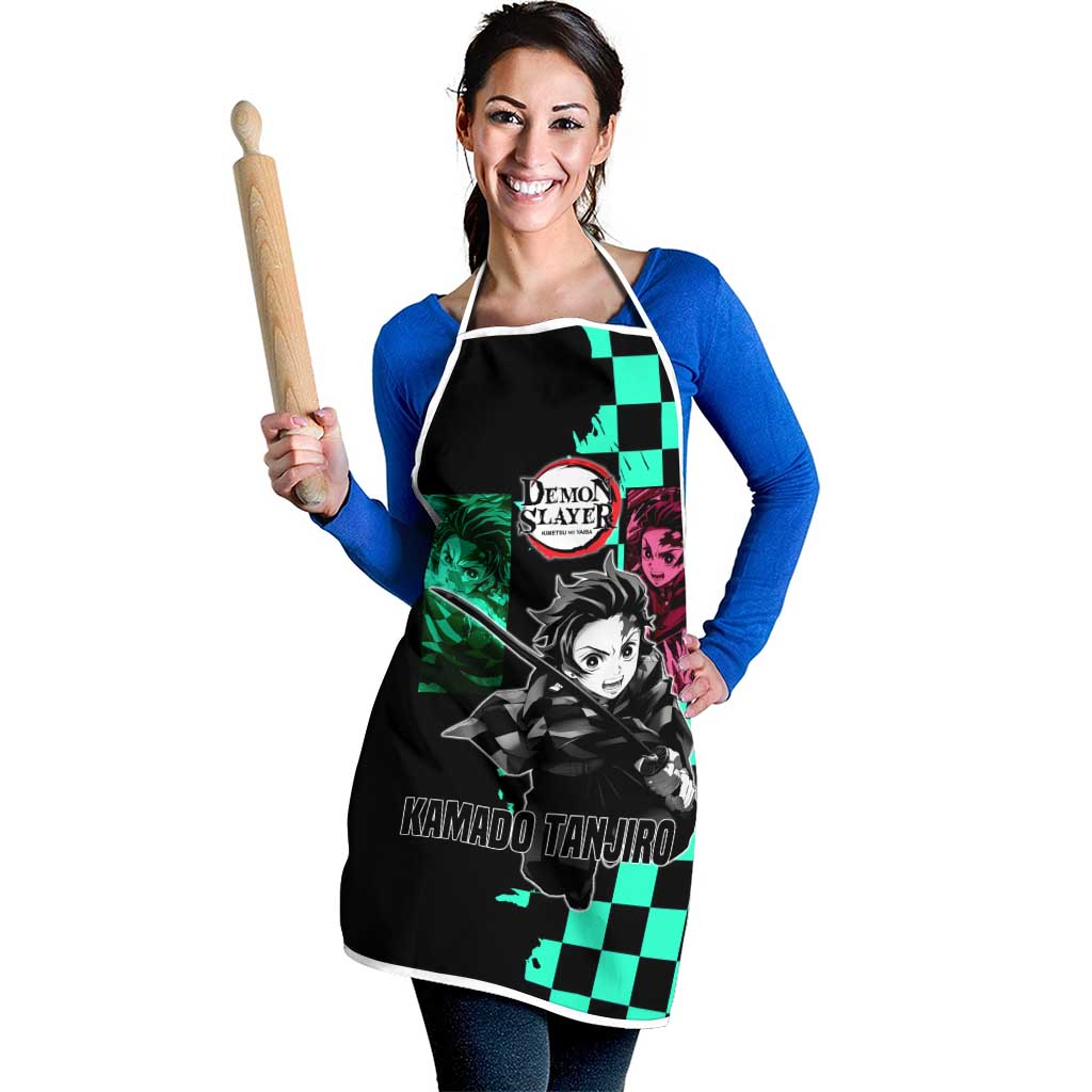 Tanjiro Kamado from Demon Slayer Apron with Green Black Checkered Pattern and Water Breathing Sword Pose Design - The Mazicc