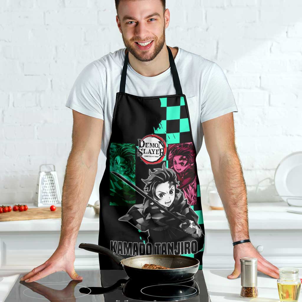 Tanjiro Kamado from Demon Slayer Apron with Green Black Checkered Pattern and Water Breathing Sword Pose Design - The Mazicc