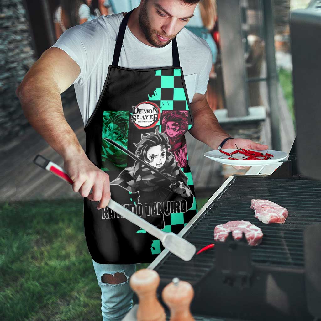 Tanjiro Kamado from Demon Slayer Apron with Green Black Checkered Pattern and Water Breathing Sword Pose Design - The Mazicc