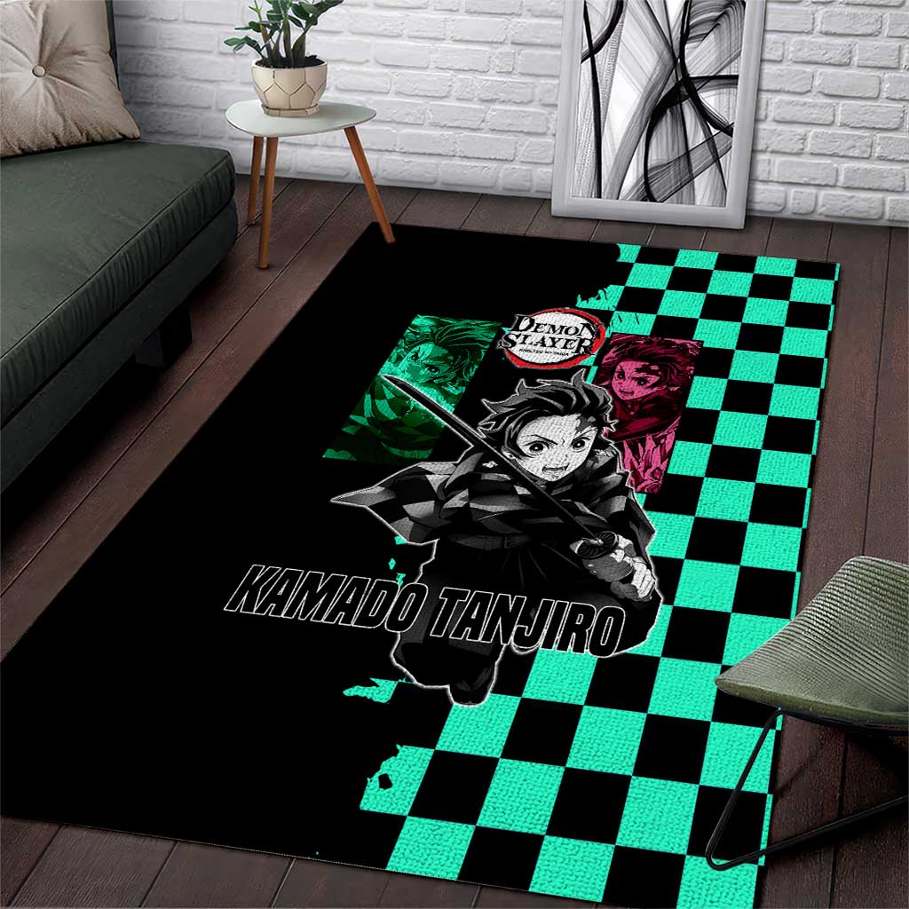 Tanjiro Kamado from Demon Slayer Area Rug with Green Black Checkered Pattern and Water Breathing Sword Pose Design - The Mazicc