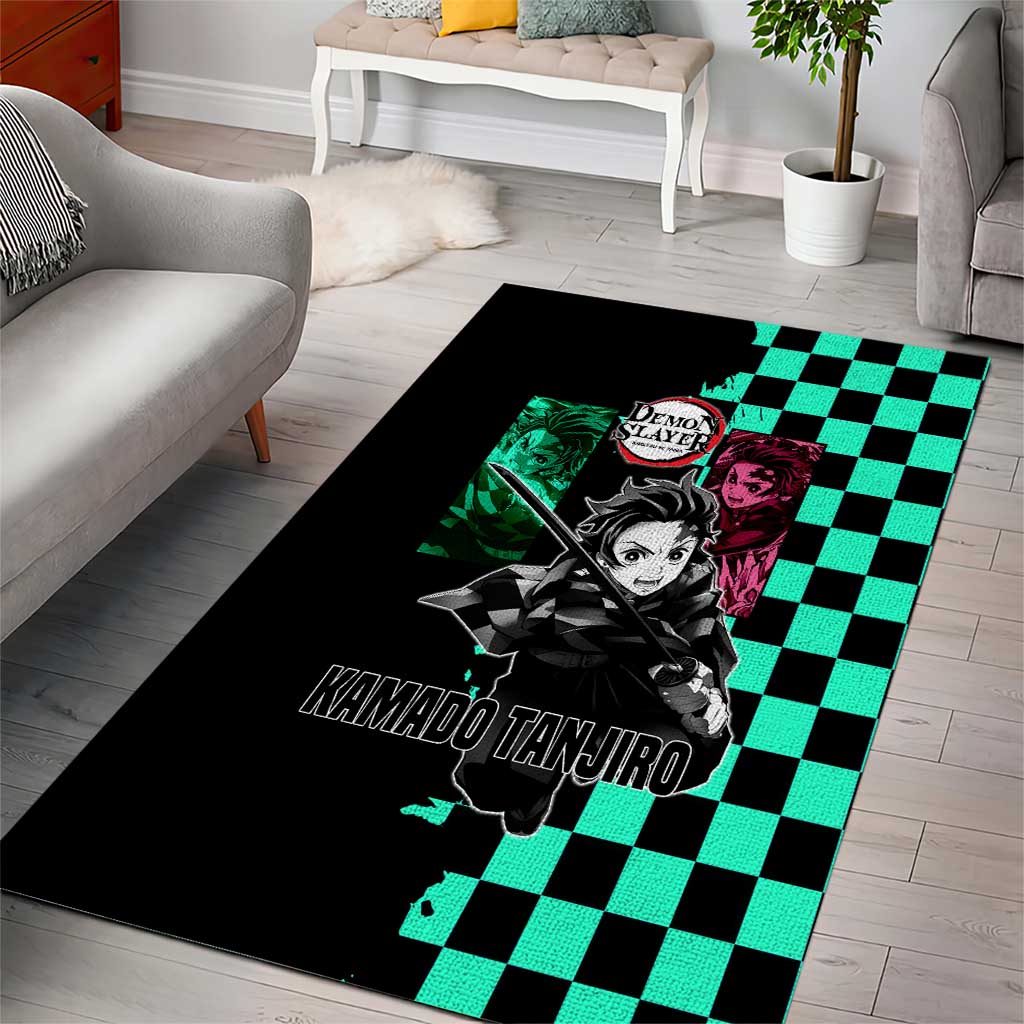 Tanjiro Kamado from Demon Slayer Area Rug with Green Black Checkered Pattern and Water Breathing Sword Pose Design - The Mazicc