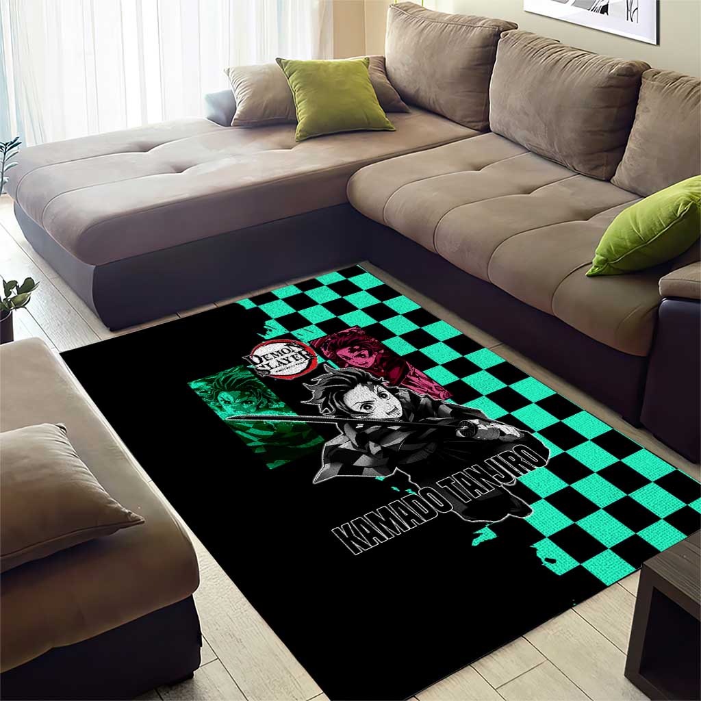 Tanjiro Kamado from Demon Slayer Area Rug with Green Black Checkered Pattern and Water Breathing Sword Pose Design - The Mazicc