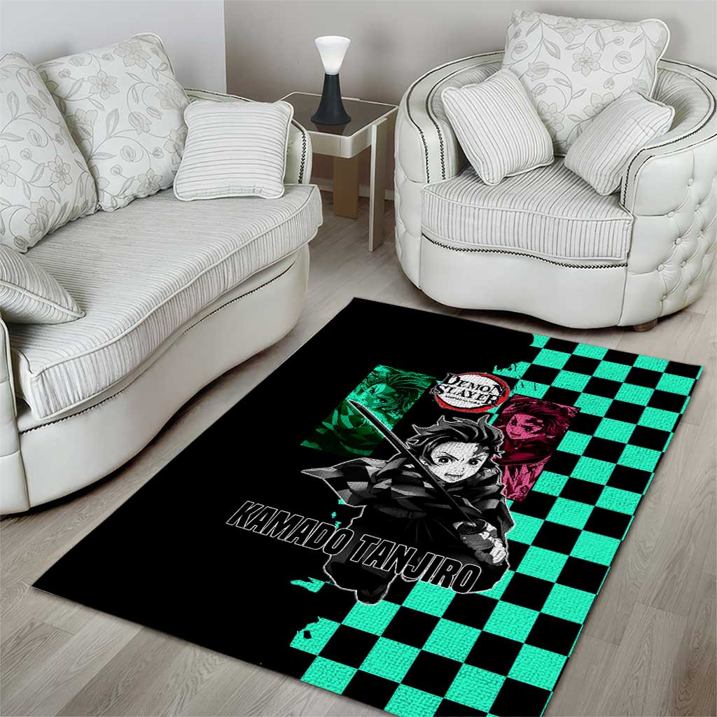 Tanjiro Kamado from Demon Slayer Area Rug with Green Black Checkered Pattern and Water Breathing Sword Pose Design - The Mazicc