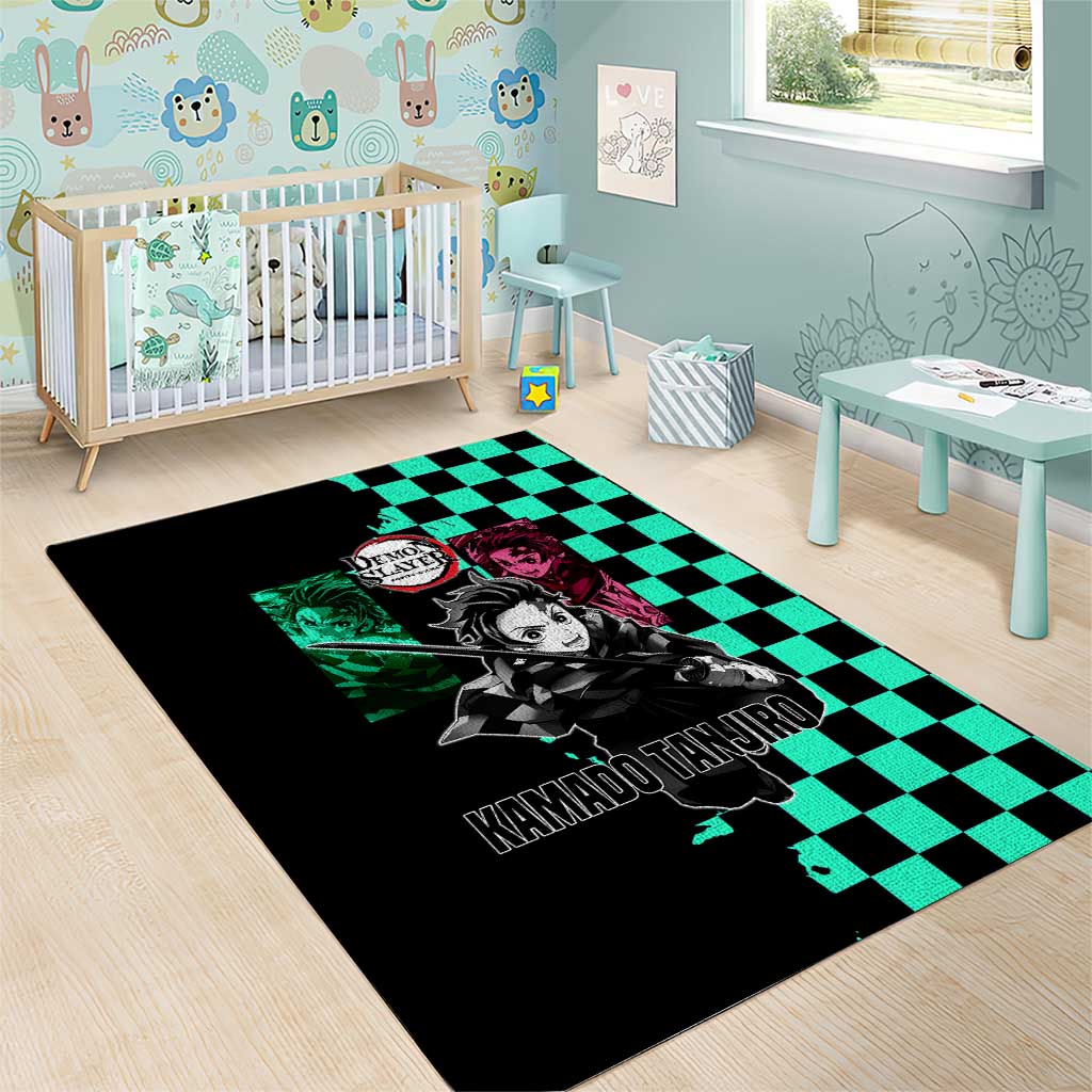 Tanjiro Kamado from Demon Slayer Area Rug with Green Black Checkered Pattern and Water Breathing Sword Pose Design - The Mazicc