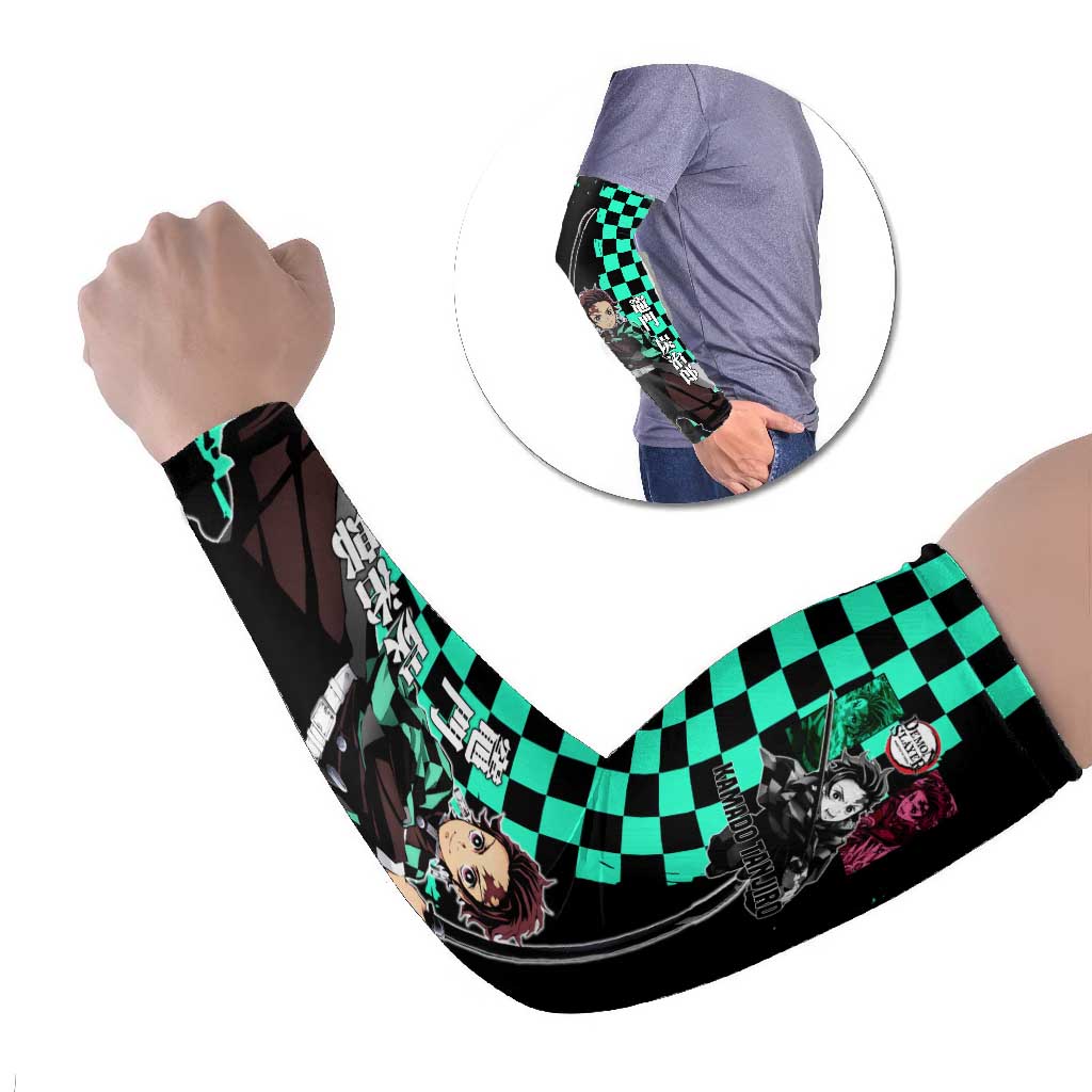 Tanjiro Kamado from Demon Slayer Arm Sleeves with Green Black Checkered Pattern and Water Breathing Sword Pose Design - The Mazicc