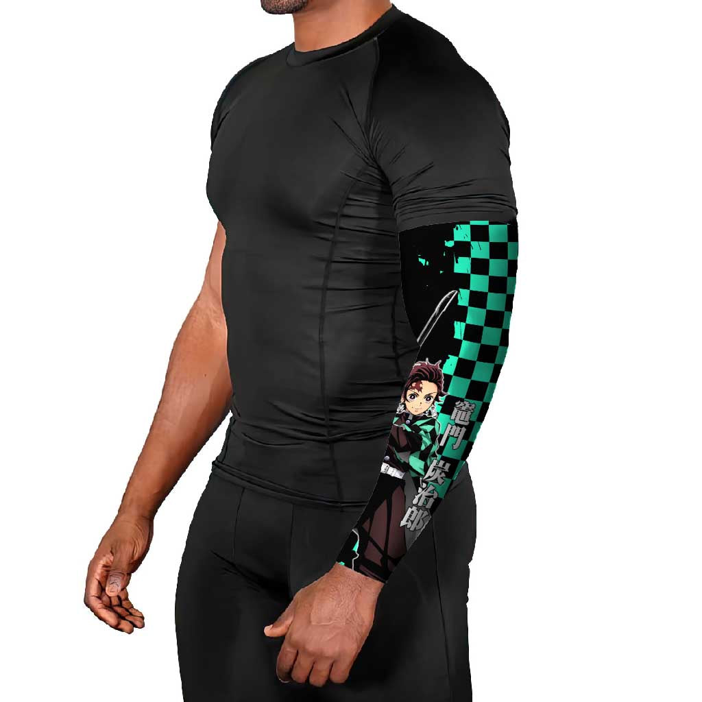 Tanjiro Kamado from Demon Slayer Arm Sleeves with Green Black Checkered Pattern and Water Breathing Sword Pose Design - The Mazicc