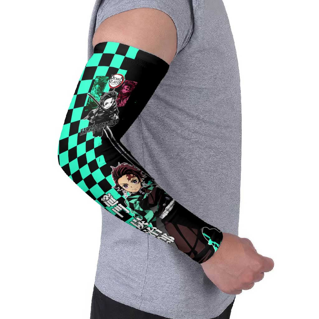 Tanjiro Kamado from Demon Slayer Arm Sleeves with Green Black Checkered Pattern and Water Breathing Sword Pose Design - The Mazicc