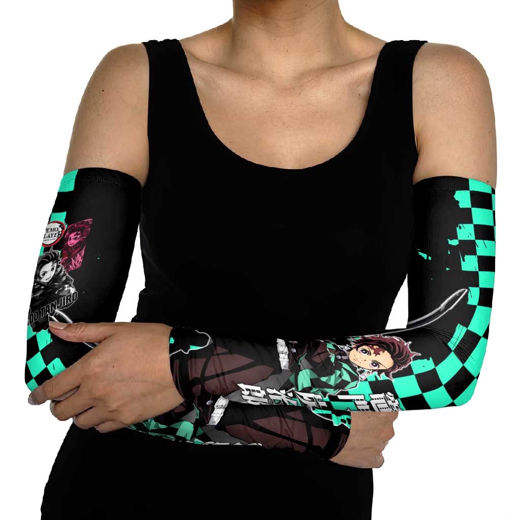 Tanjiro Kamado from Demon Slayer Arm Sleeves with Green Black Checkered Pattern and Water Breathing Sword Pose Design - The Mazicc
