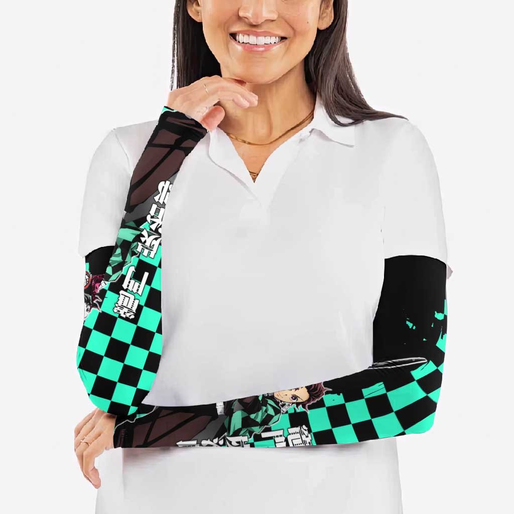 Tanjiro Kamado from Demon Slayer Arm Sleeves with Green Black Checkered Pattern and Water Breathing Sword Pose Design - The Mazicc