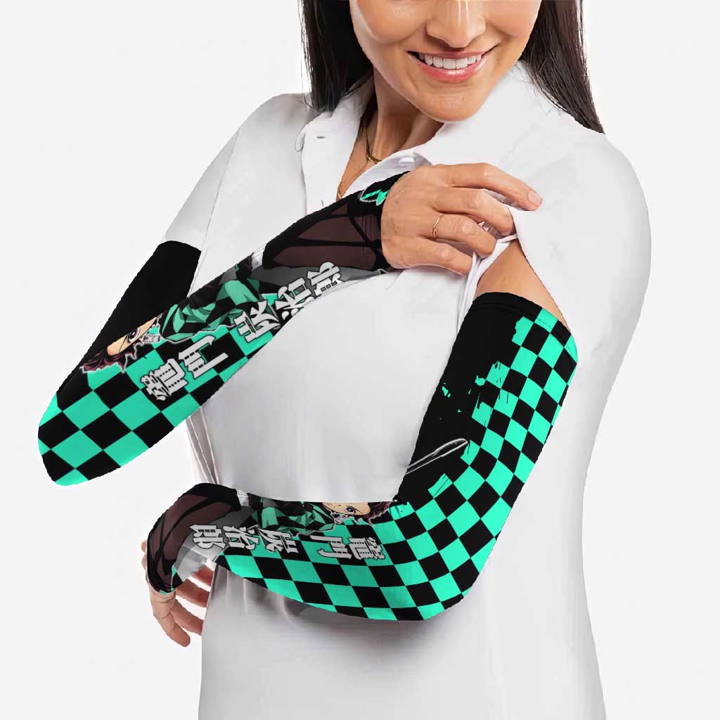 Tanjiro Kamado from Demon Slayer Arm Sleeves with Green Black Checkered Pattern and Water Breathing Sword Pose Design - The Mazicc