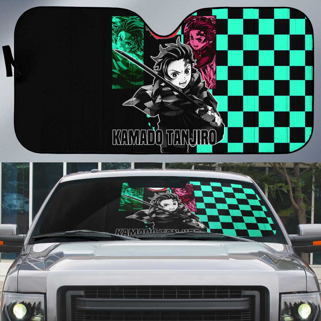 Tanjiro Kamado from Demon Slayer Auto Sun Shade with Green Black Checkered Pattern and Water Breathing Sword Pose Design - The Mazicc
