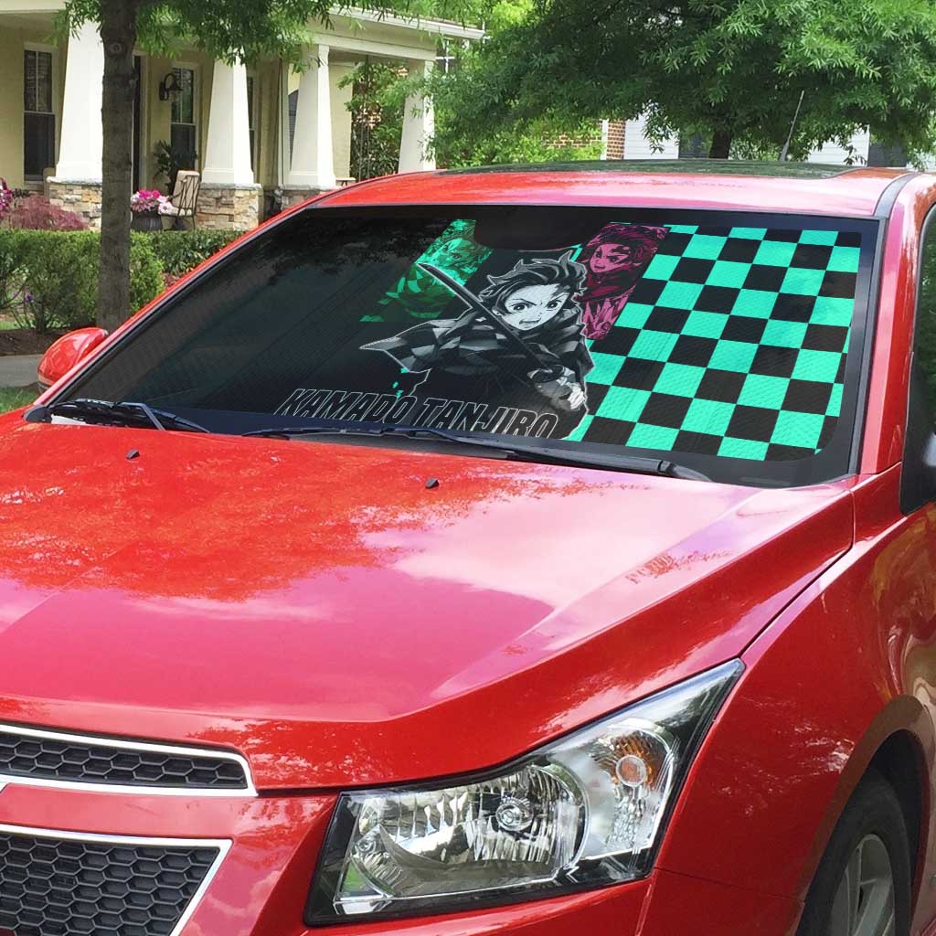 Tanjiro Kamado from Demon Slayer Auto Sun Shade with Green Black Checkered Pattern and Water Breathing Sword Pose Design - The Mazicc
