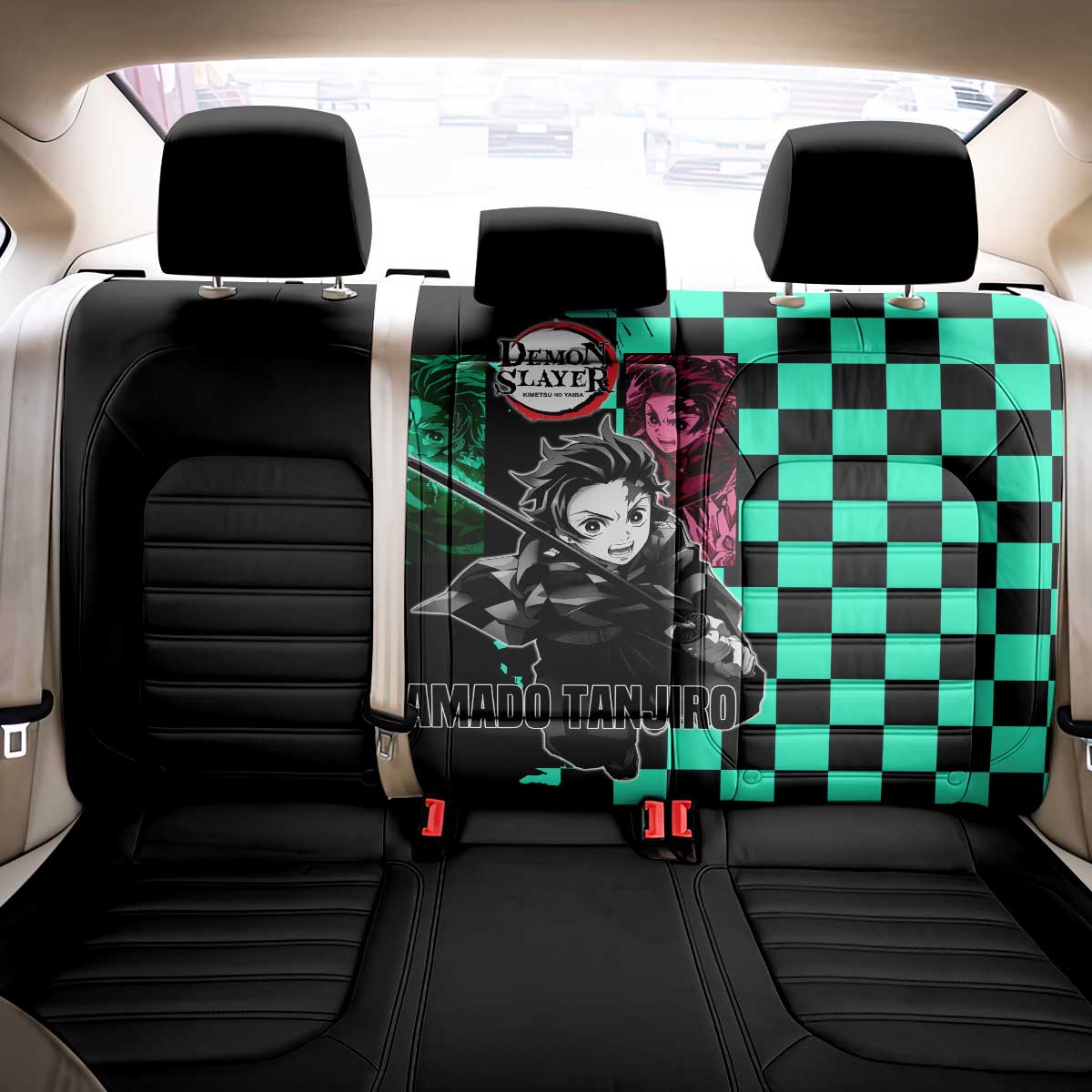Tanjiro Kamado from Demon Slayer Back Car Seat Cover with Green Black Checkered Pattern and Water Breathing Sword Pose Design - The Mazicc