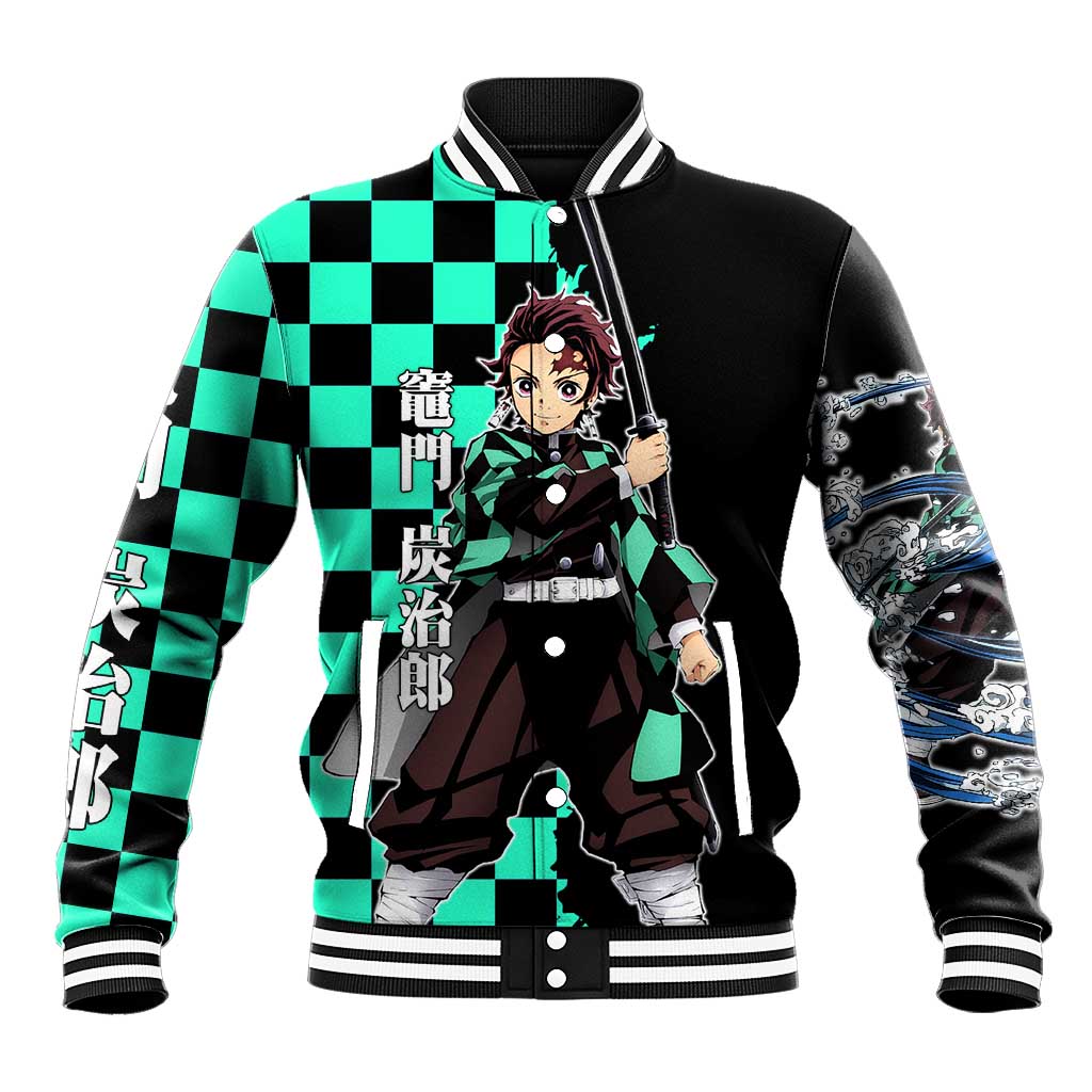 Tanjiro Kamado from Demon Slayer Baseball Jacket with Green Black Checkered Pattern and Water Breathing Sword Pose Design - The Mazicc