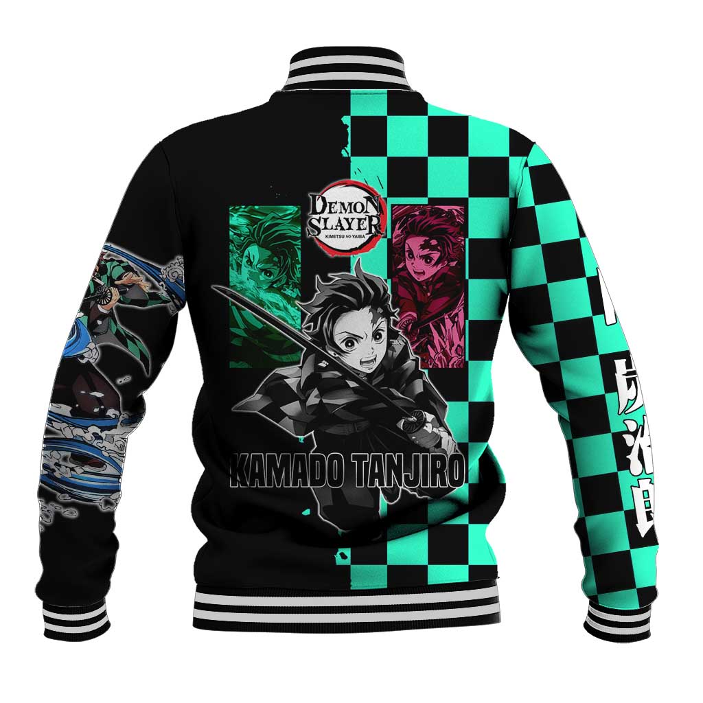 Tanjiro Kamado from Demon Slayer Baseball Jacket with Green Black Checkered Pattern and Water Breathing Sword Pose Design - The Mazicc