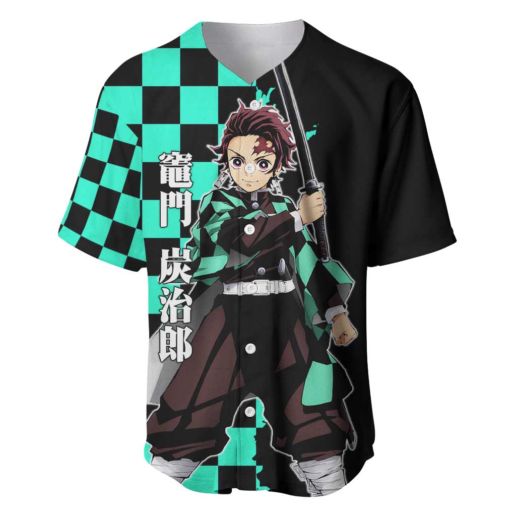 Tanjiro Kamado from Demon Slayer Baseball Jersey with Green Black Checkered Pattern and Water Breathing Sword Pose Design - The Mazicc