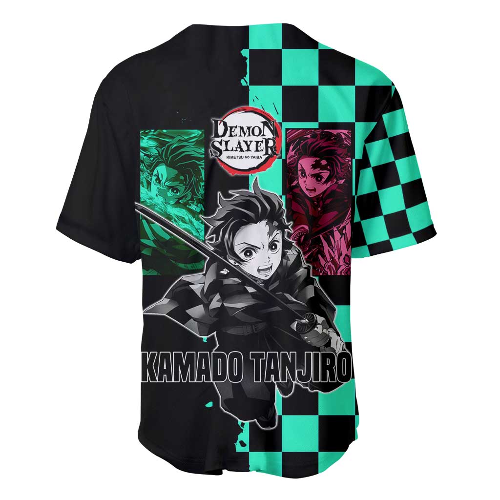 Tanjiro Kamado from Demon Slayer Baseball Jersey with Green Black Checkered Pattern and Water Breathing Sword Pose Design - The Mazicc