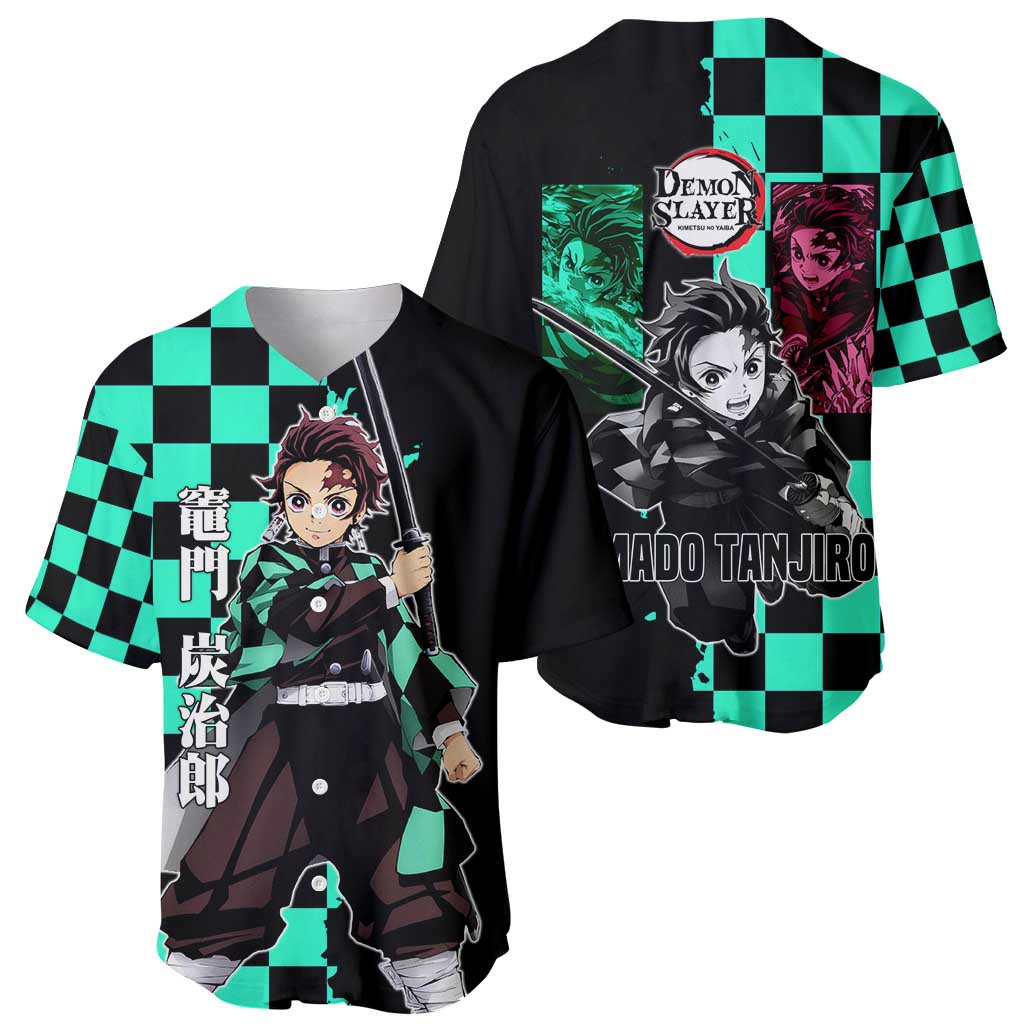 Tanjiro Kamado from Demon Slayer Baseball Jersey with Green Black Checkered Pattern and Water Breathing Sword Pose Design - The Mazicc