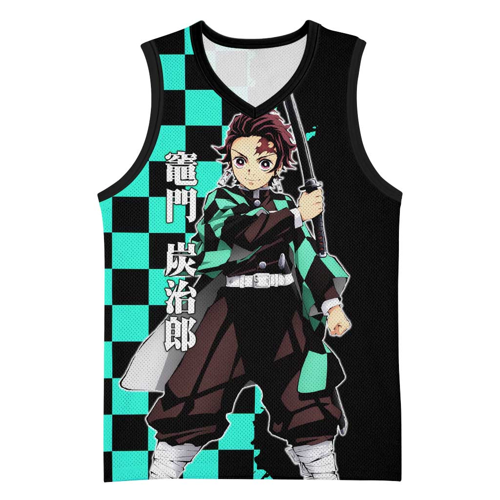Tanjiro Kamado from Demon Slayer Basketball Jersey with Green Black Checkered Pattern and Water Breathing Sword Pose Design - The Mazicc