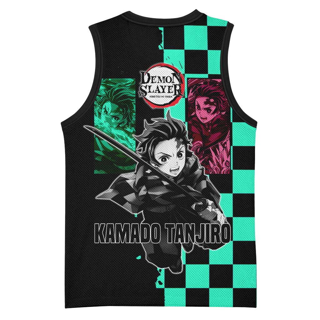Tanjiro Kamado from Demon Slayer Basketball Jersey with Green Black Checkered Pattern and Water Breathing Sword Pose Design - The Mazicc