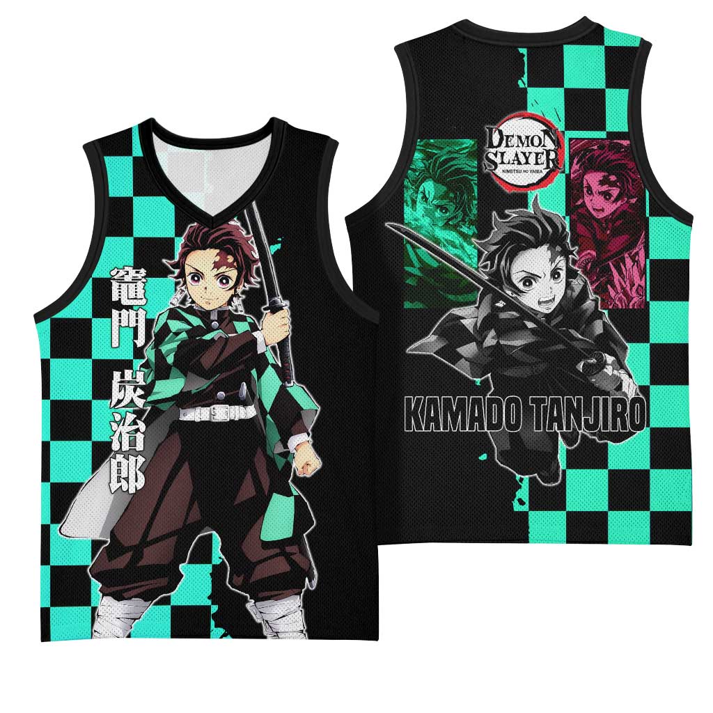 Tanjiro Kamado from Demon Slayer Basketball Jersey with Green Black Checkered Pattern and Water Breathing Sword Pose Design - The Mazicc