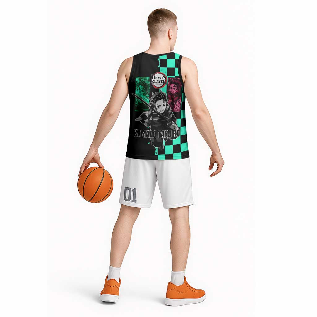 Tanjiro Kamado from Demon Slayer Basketball Jersey with Green Black Checkered Pattern and Water Breathing Sword Pose Design - The Mazicc