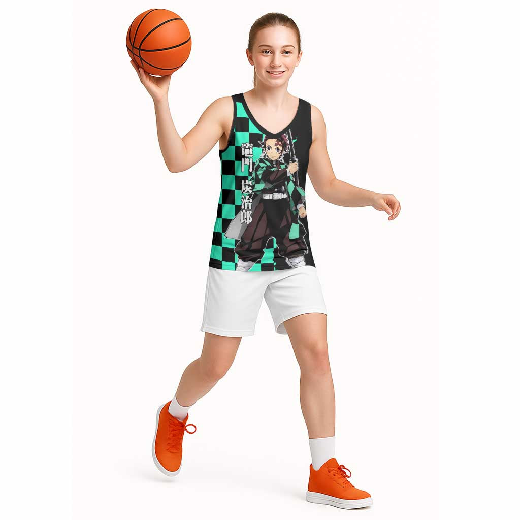 Tanjiro Kamado from Demon Slayer Basketball Jersey with Green Black Checkered Pattern and Water Breathing Sword Pose Design - The Mazicc