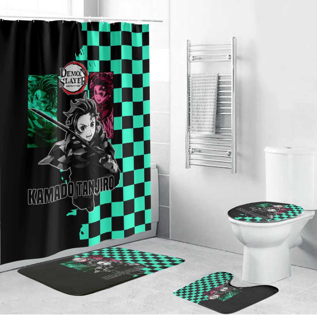 Tanjiro Kamado from Demon Slayer Bathroom Set with Green Black Checkered Pattern and Water Breathing Sword Pose Design - The Mazicc