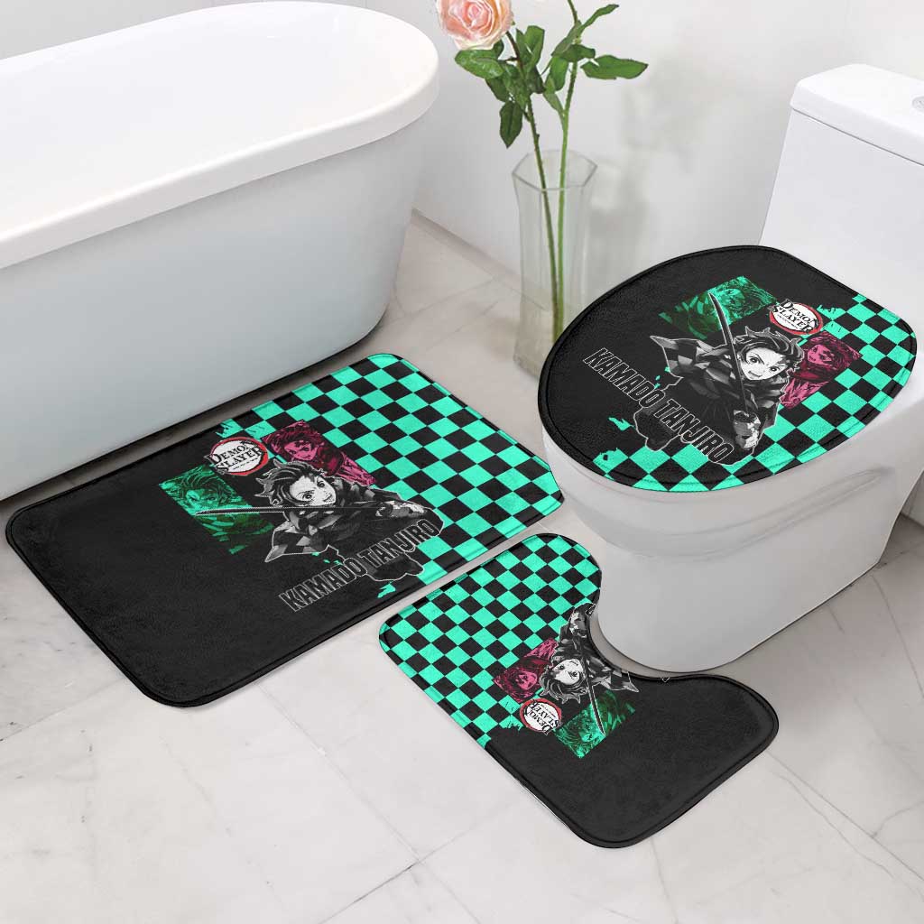 Tanjiro Kamado from Demon Slayer Bathroom Set with Green Black Checkered Pattern and Water Breathing Sword Pose Design - The Mazicc