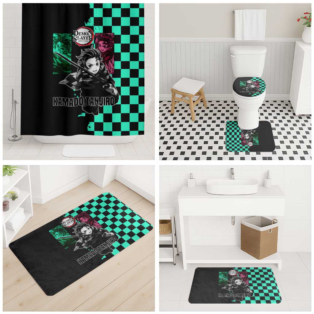 Tanjiro Kamado from Demon Slayer Bathroom Set with Green Black Checkered Pattern and Water Breathing Sword Pose Design - The Mazicc