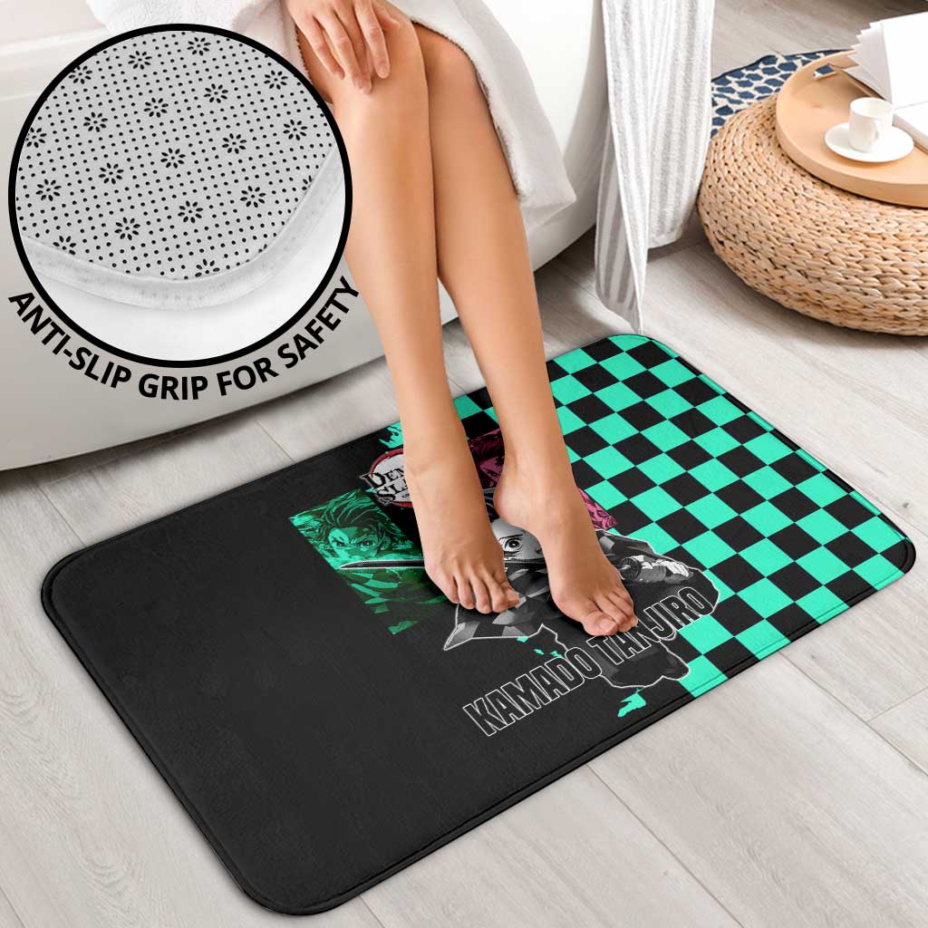Tanjiro Kamado from Demon Slayer Bathroom Set with Green Black Checkered Pattern and Water Breathing Sword Pose Design - The Mazicc