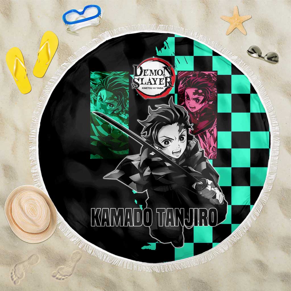 Tanjiro Kamado from Demon Slayer Beach Blanket with Green Black Checkered Pattern and Water Breathing Sword Pose Design - The Mazicc